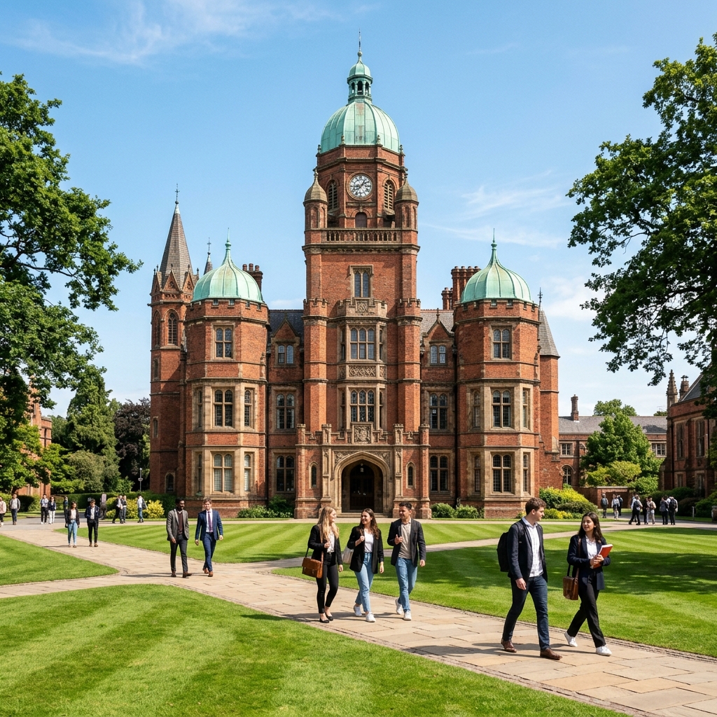 Majestic historic university building with red brick and green domes